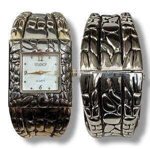 Y2K Vintage Quartz Two Tone Bezel Square Face Bangle Cuff Watch